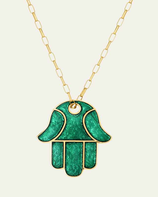 Hamsa Enamel Pendant Necklace, 28"L